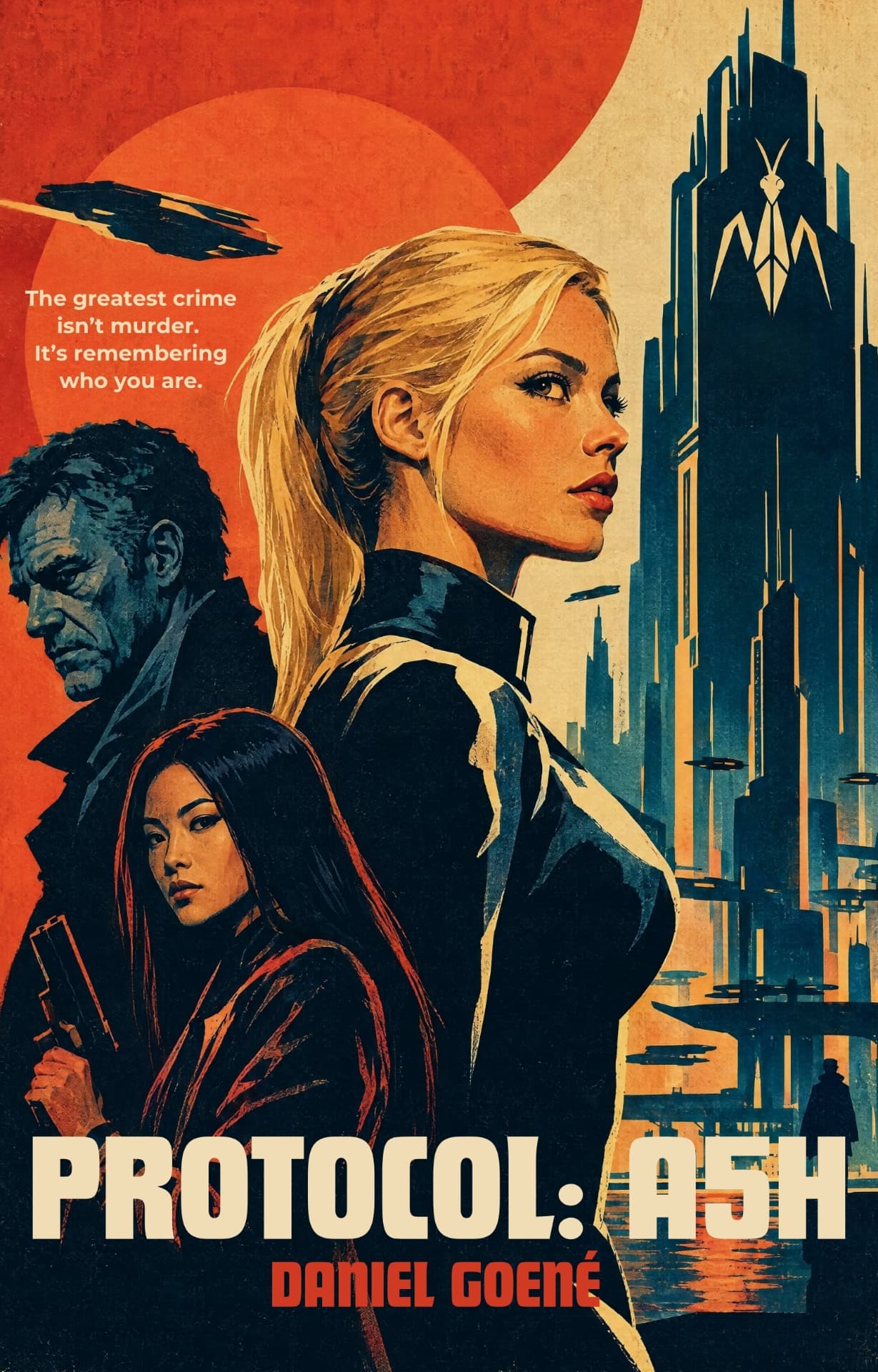 Cover of PROTOCOL: A5H by Daniel Goené: a retro poster of three characters before a towering Mantis Corp spire under a red sun.
