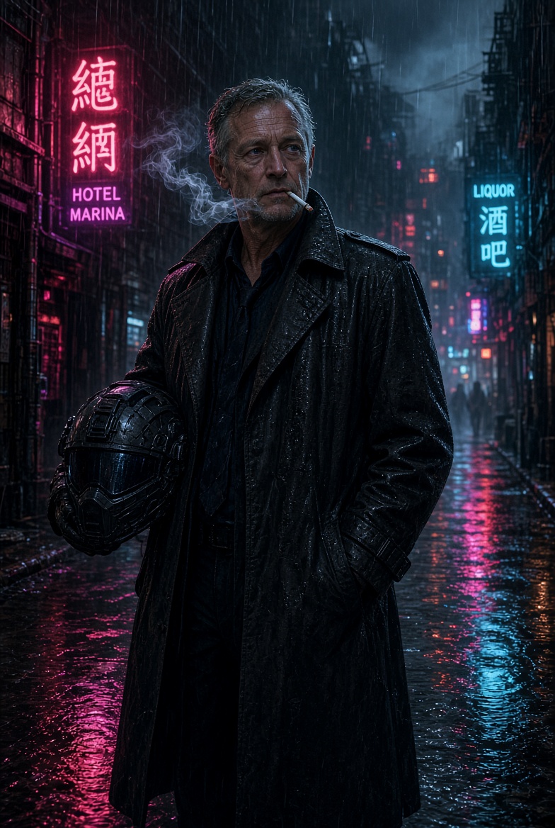 Vincent, a fixer in a rain-soaked trench coat smoking under neon signage.