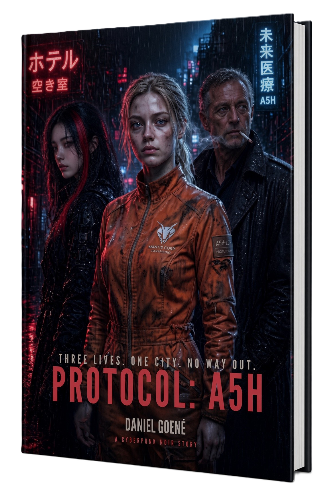 3D hardcover of PROTOCOL: A5H by Daniel Goené, a rain-slicked cyberpunk noir alley lit by red and cyan neon.