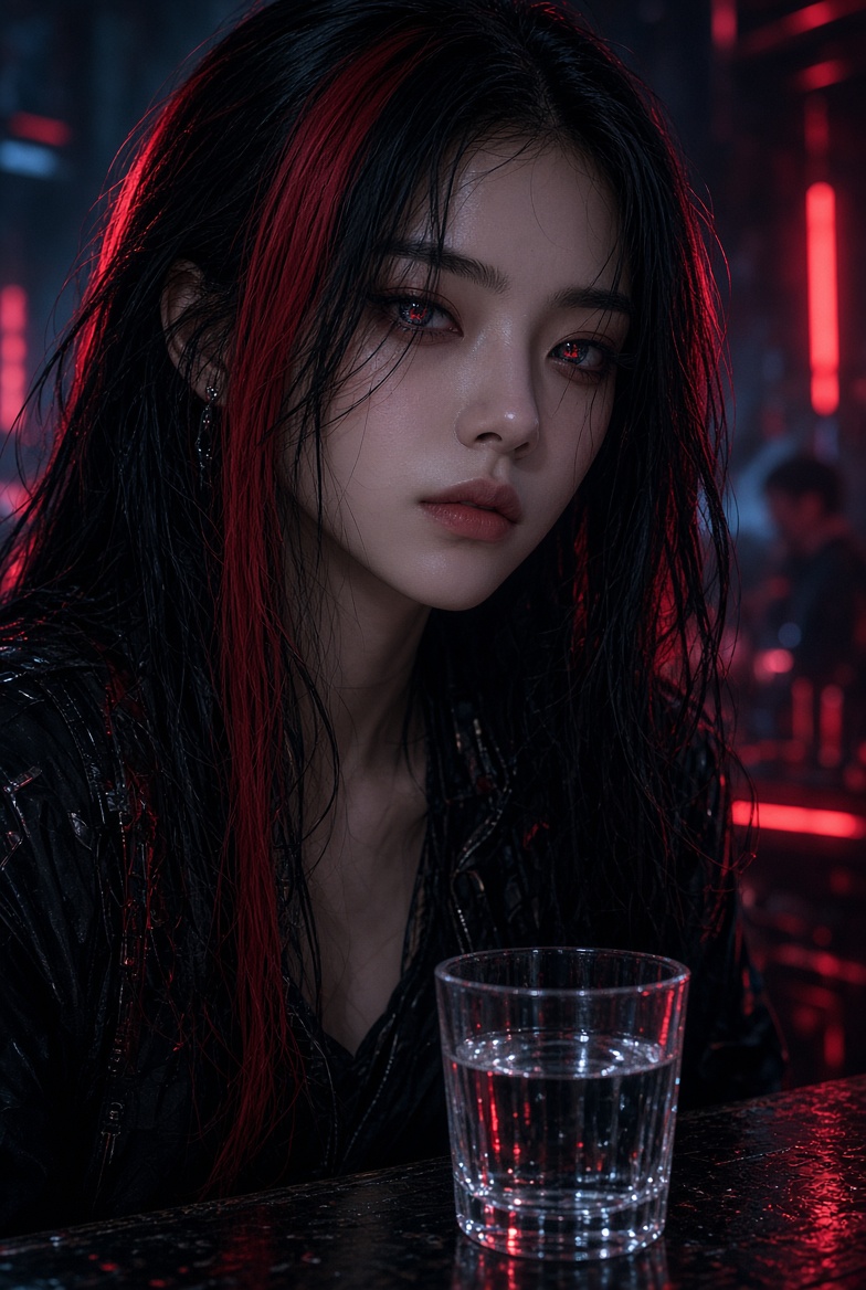 Yeji, a runner with black and red hair, lit by red neon in a Penumbra club.