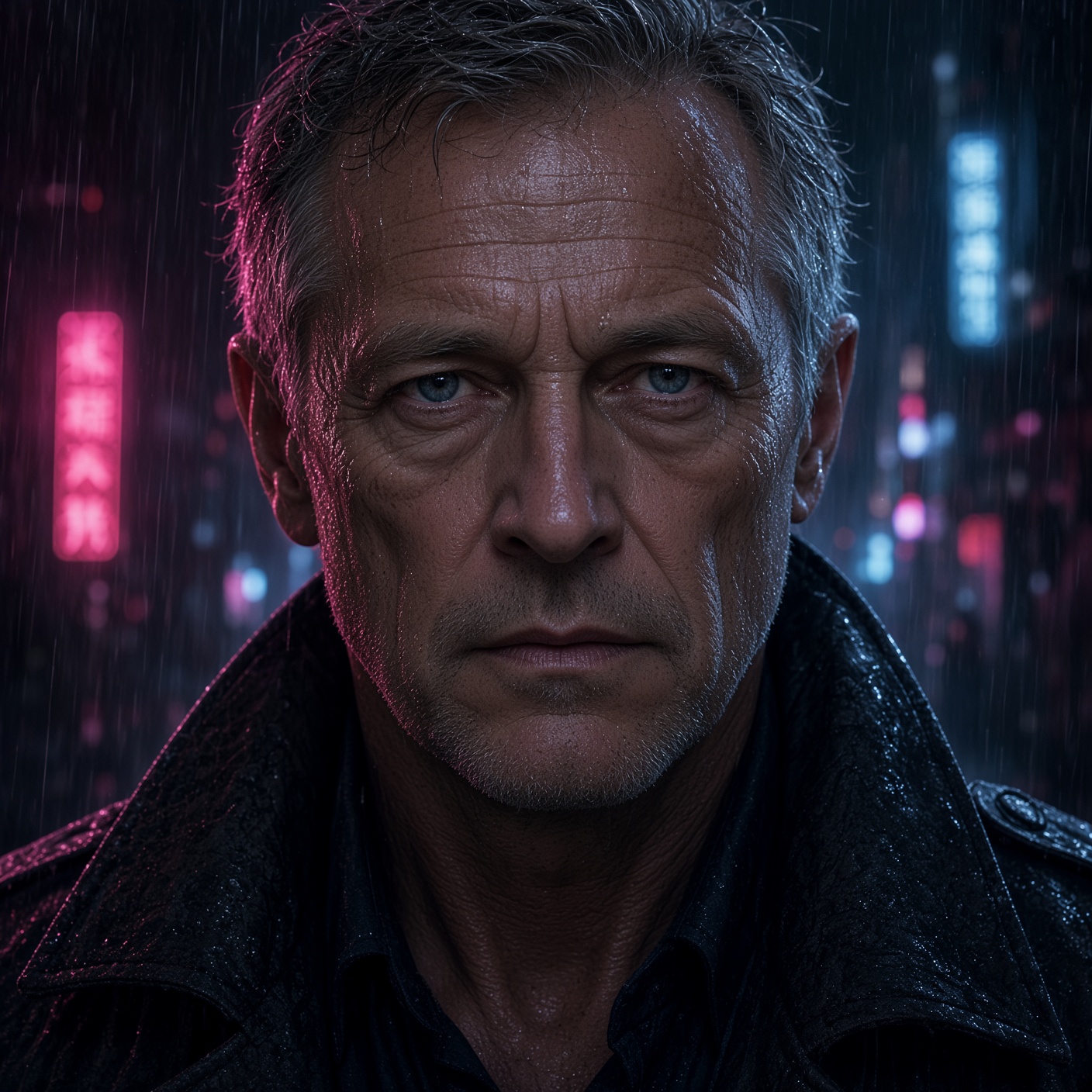 Vincent, a fixer in a rain-soaked trench coat under neon signage.