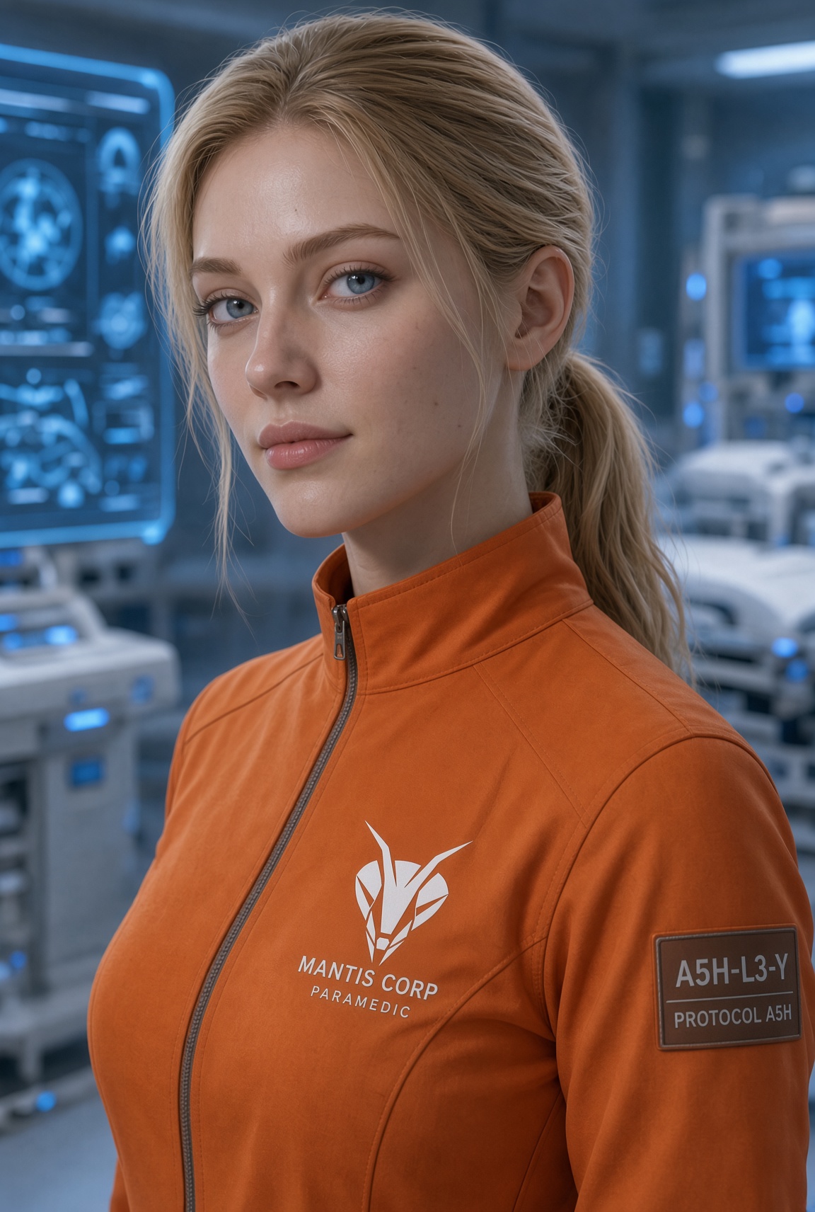 Ashley, a Mantis Corp paramedic in an orange jumpsuit inside a clinical Eden med-bay.